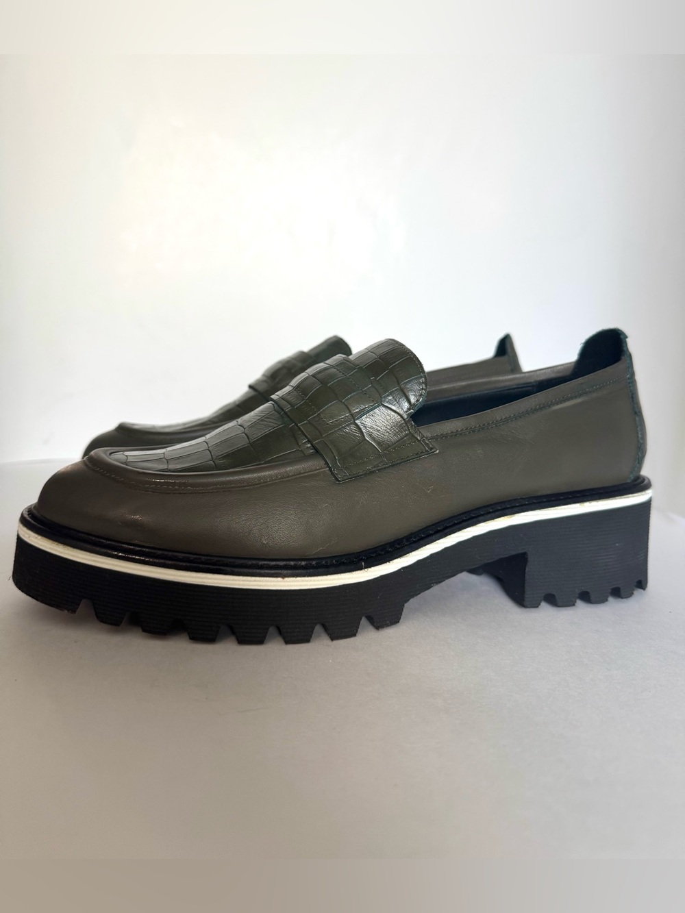 NIB M.Gemi Croc-Embossed Olive Green Leather Lug Sole Italian Loafers US11 - Picture 11 of 13